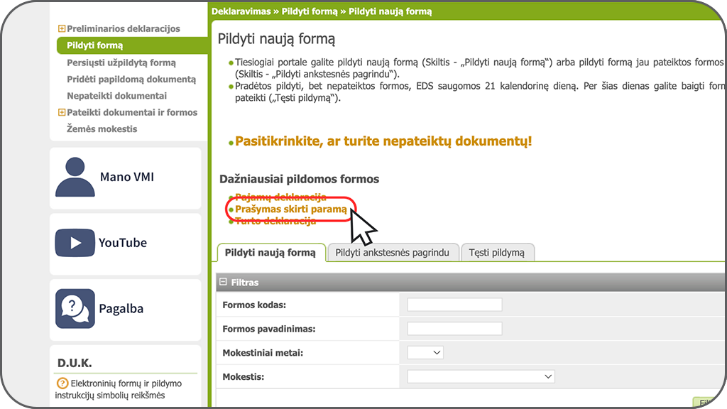prasymas skirti parama